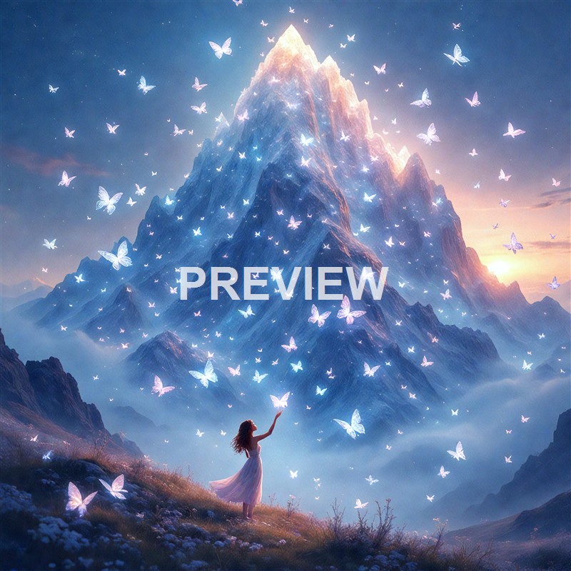 A girl in a white dress stands on a grassy hill surrounded by glowing butterflies, with a majestic, snow-capped mountain in the background under a dreamy sky at sunset.